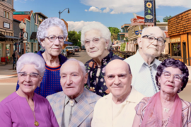 portraits of 7 older Louisville residents with downtown Louisville behind them
