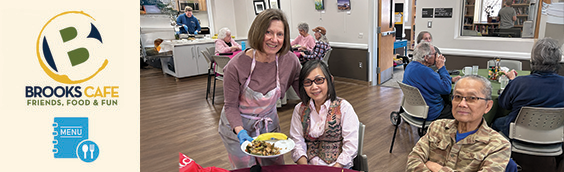 Brooks Cafe logo and Seniors eating lunch