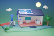 Computer-generated image of a home with solar panels, a heat pump, and other electrification technologies