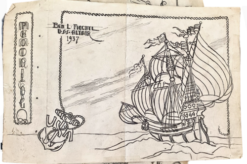 a pen and ink drawing of a ship with sails and text, "Ben Fiechtl U.S.S. Altair, 1937"
