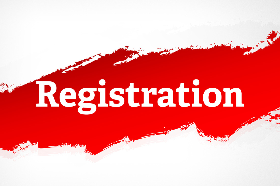 The word "Registration on a splattered red background