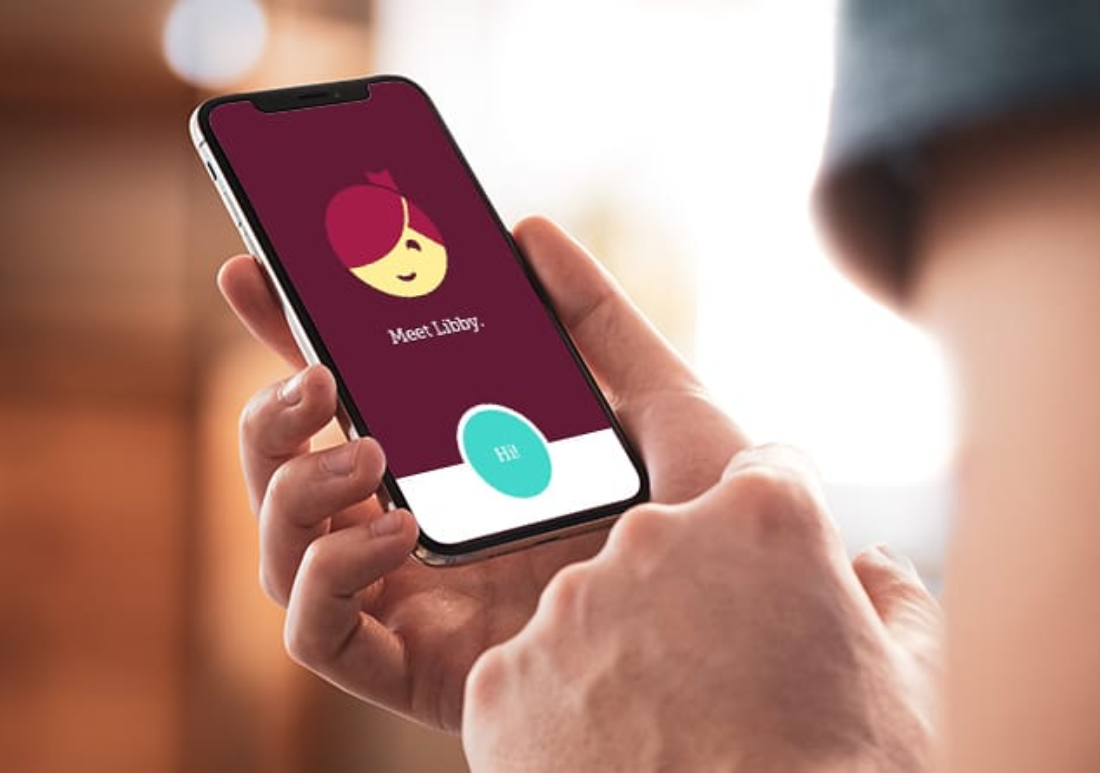 A hand holds a smartphone displaying a Libby Reading App icon with a "Hi" button.