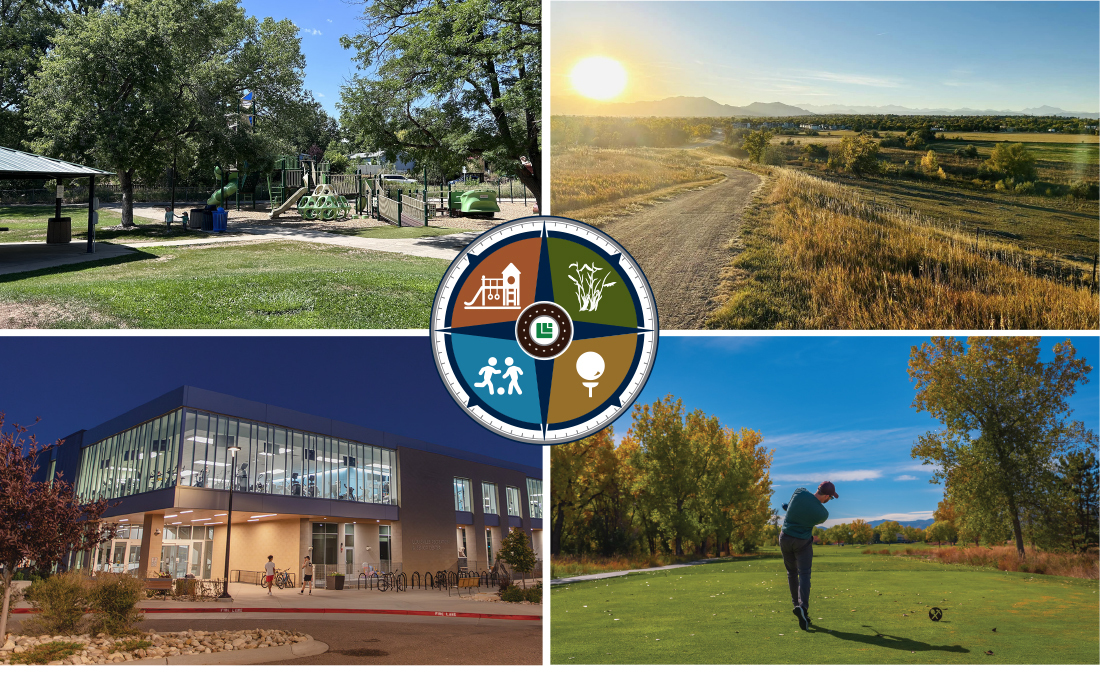 photo of golf, open space, a park, and the rec center with a compass in the middle