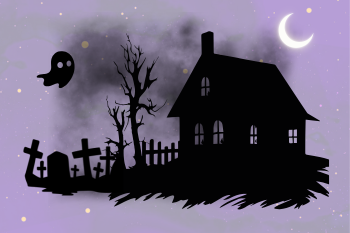 Graphic of a silhouette of a house with dead trees and tombstones in its front yard. A ghost flies over the house. 