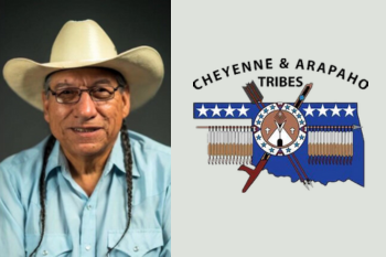 Photo of Fred Mosqueda next to the Cheyenne and Arapaho tribes logo
