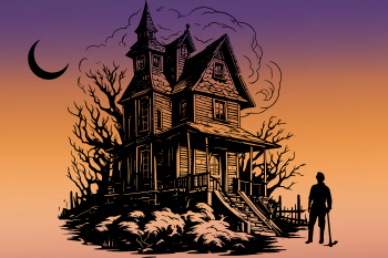 Graphic of a house and silhouette of a coal miner holding a pickaxe. 