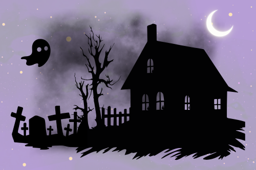  Graphic of a silhouette of a house with dead trees and tombstones in its front yard. A ghost flies over the house.