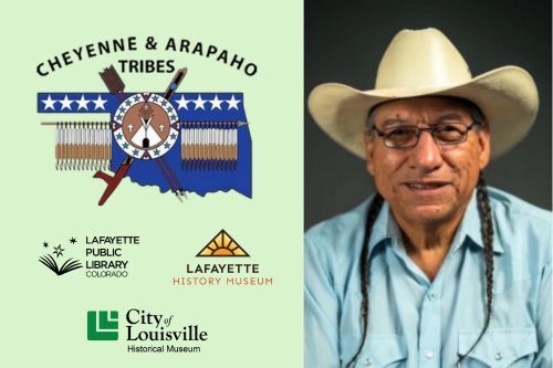 Headshot of Fred Mosqueda next to logos for the Cheynne and Arapaho tribes and event sponsors.