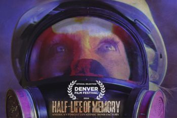 Closeup of a woman in a hazmat mask. The words "Denver film festival selection" are on the photo.