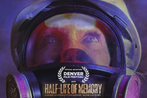Movie poster for Half Life of Memory, shows a woman with a hazmat mask on.