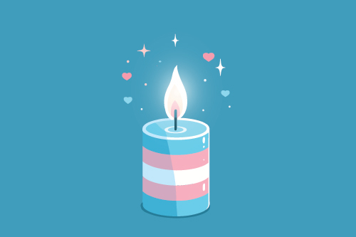 Illustration of a candle of trans-associated colors of sky blue, pink, and white, against a blue background, symbolizing Trans Day of Remembrance