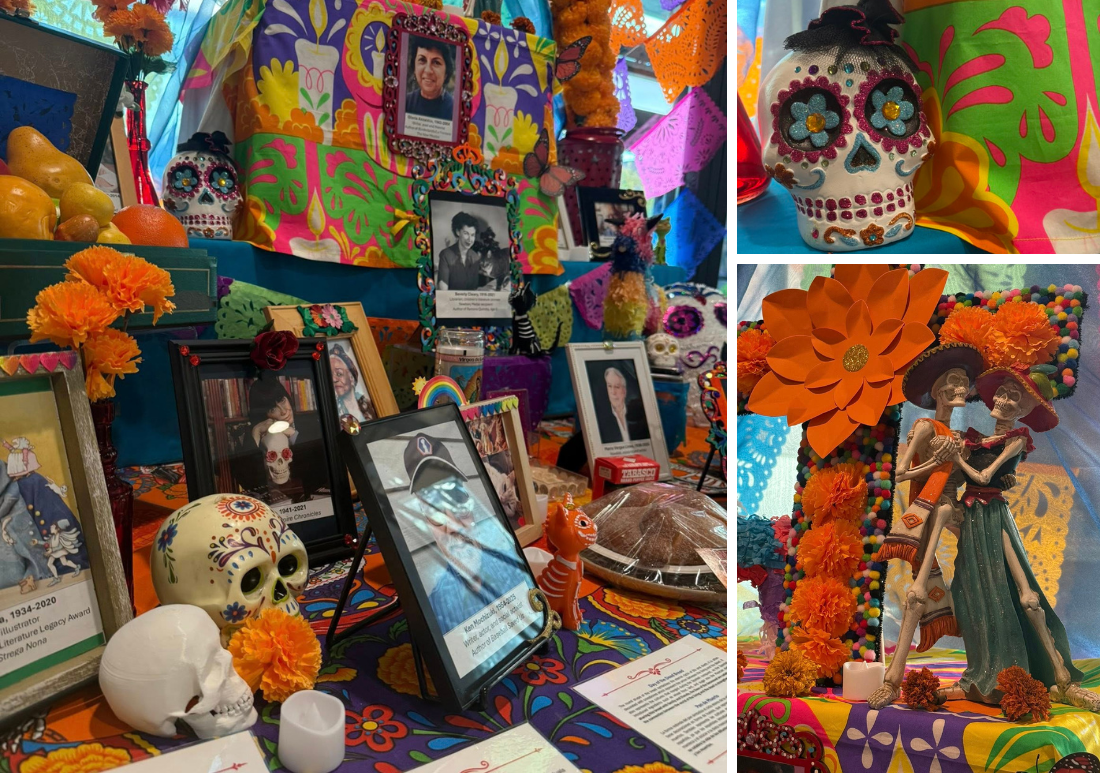 A table displaying various items, including framed pictures and decorative objects, arranged attractively.