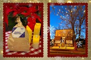 Graphic showing photo of a holiday treat bag in a brown bag and a photo of the Louisville Historical Museum
