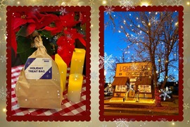 Graphic showing photo of a holiday treat bag in a brown bag and a photo of the Louisville Historical Museum