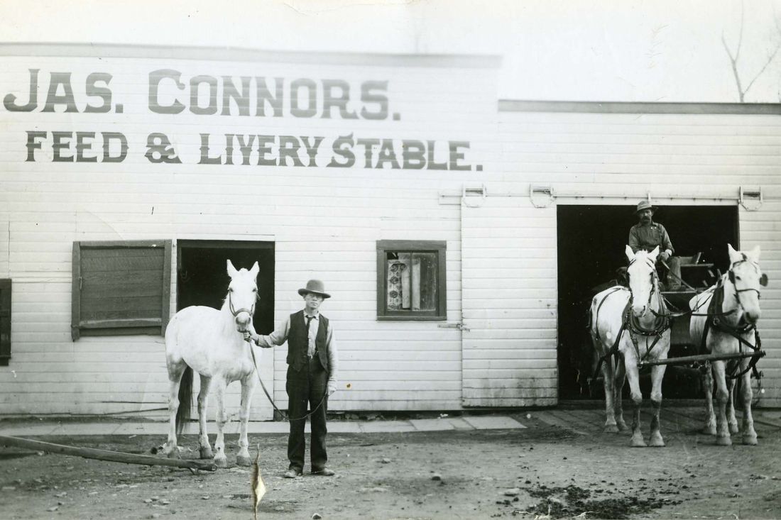 James Connors with a horse and a man driving a cart with two horses outside of Connors' livery stable