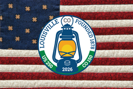 Louisville US 250/CO 150 logo on top of quilted American flag