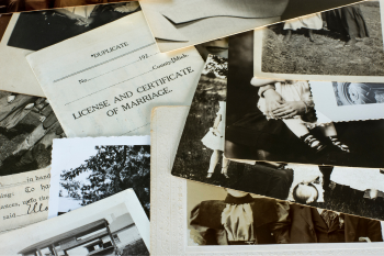 A pile of paper ephemera and photographs related to ancestry or genealogy research