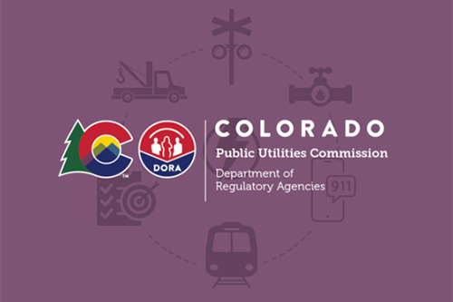 Purple background with various icons atop of which is overlaid the logo of the Colorado Public Utilities Commission (PUC)