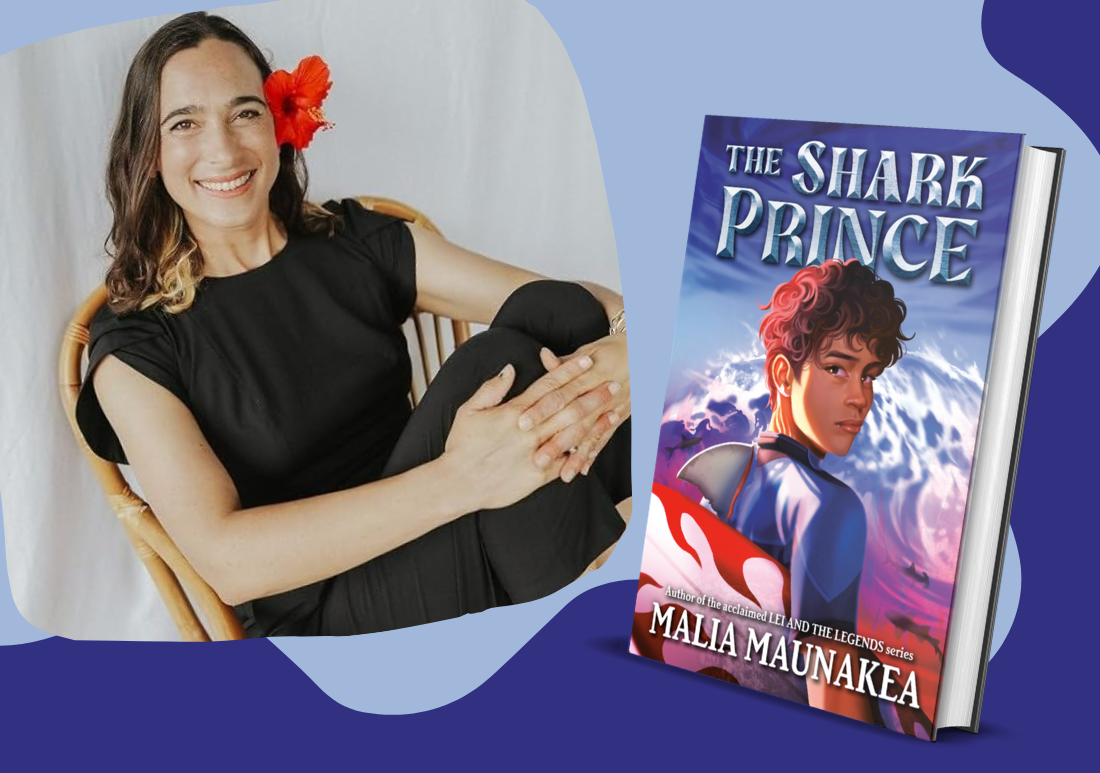 graphic with author headshot and image of book cover "The Shark Prince"