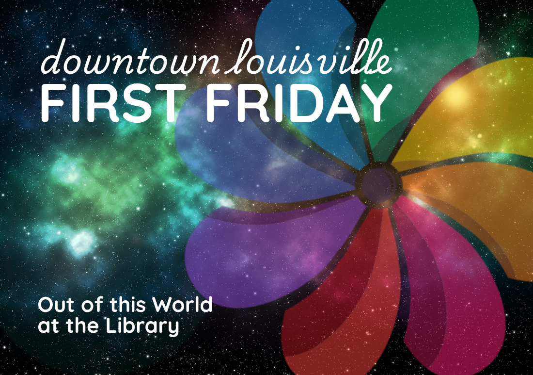 First Friday logo over an image of outer space