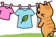 Drawing of a cat hanging laundry on a clothesline