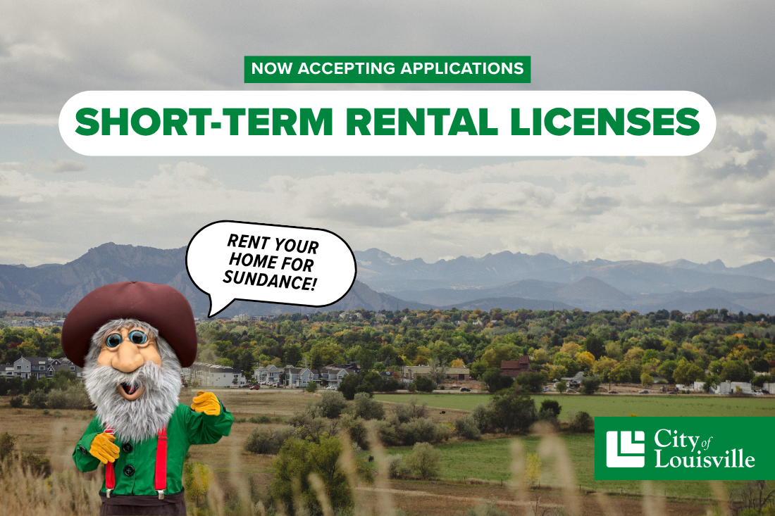 mario the miner saying "rent your home for sundance" with a scenic view of Louisville and the Flatirons in the background