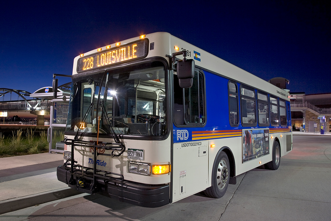 Photo of RTD bus serving Route 228 at night