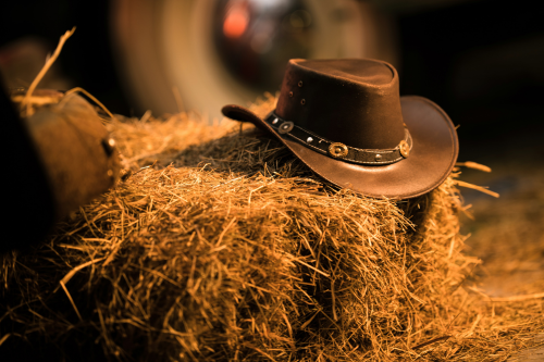 cowboy hat western wear on hay bale