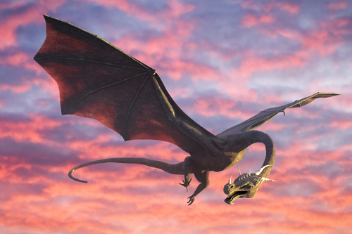 A dark winged dragon soars across a vivid pink-and-purple sunset sky, clutching a small armored rider beneath its talons.