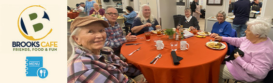 Brooks Cafe Header image with five seniors sitting at a table eating lunch 