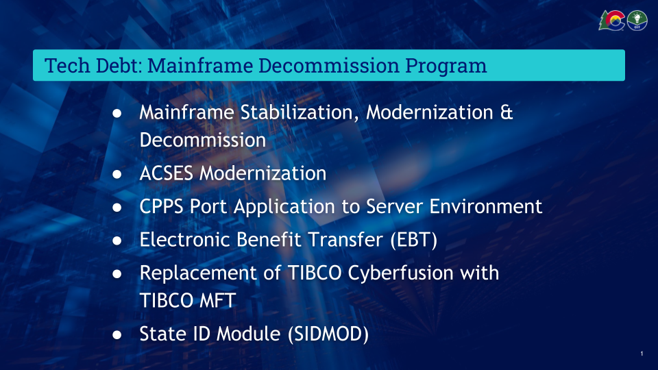 Navy blue and white font - list of Mainframe Decomm Program Projects - Tech Debt