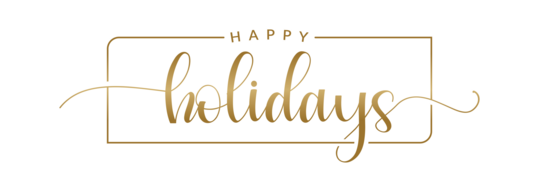 happy holidays image in gold script font with white background