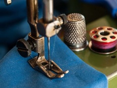 sewing machine and blue fabric