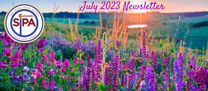 SIPA 2023 July newsletter banner with a field of flowers