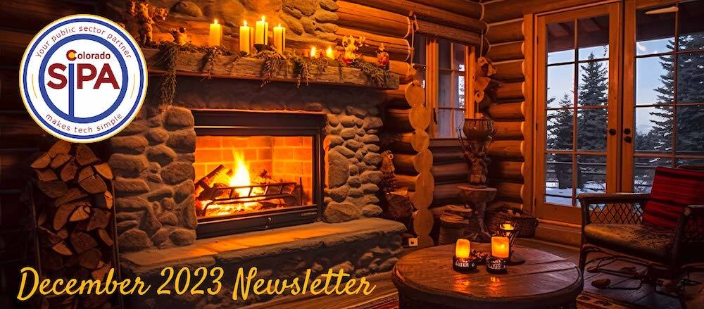December Newsletter header fireplace hearth candles log cabin cozy scene