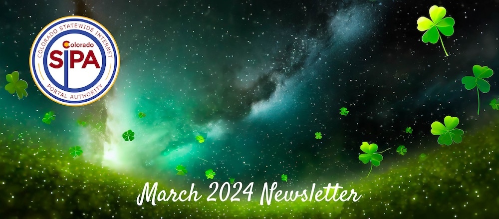 Image of a green nebula with shamrocks and the SIPA logo plus text reading March 2024 Newsletter