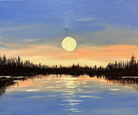 Painting of wintry sunset and full moon.