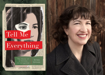 Author Erika Krouse with the cover of her book "Tell Me Everything"