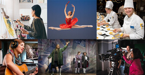 Collage of people enjoying their hobbies like painting, dancing, music and cooking