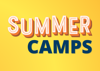 Summer Camps bright font against a yellow background