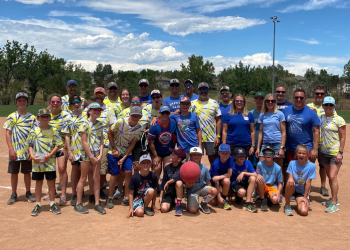 2022 Kickball Tournament Championship teams the Buzzbees and the Ballers pose together