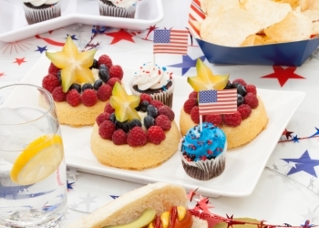 4th of July picnic spread with cupcakes, hot dogs, and flag decorations