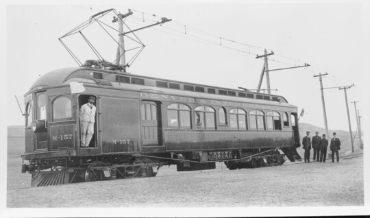 Black and white photo of the electric train that rand between denver and boulder.