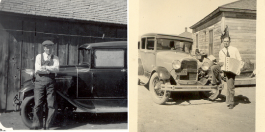 Two historic photos of people leaning on their cars