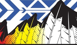 Boulder County promotional graphic of feathers acting as pillars of flatirons 