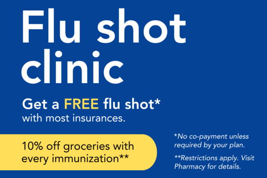 Safeway Flu Shot Clinic graphic with promotional text "Get a free flu shot*" and "10% off groceries with every immunization**"