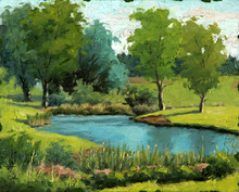 Painting titled 'Quiet Morning' from Dave Reiter depicting a still pond in the morning light.