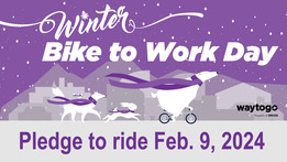 Winter Bike to Work Day promotional graphic featuring a graphic quartet of wildlife creatures traveling in the snow.