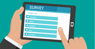 Graphic image of someone taking a survey on a tablet.