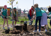 Girl Scouts planting a tree at Superior's Arbor Day Celebration